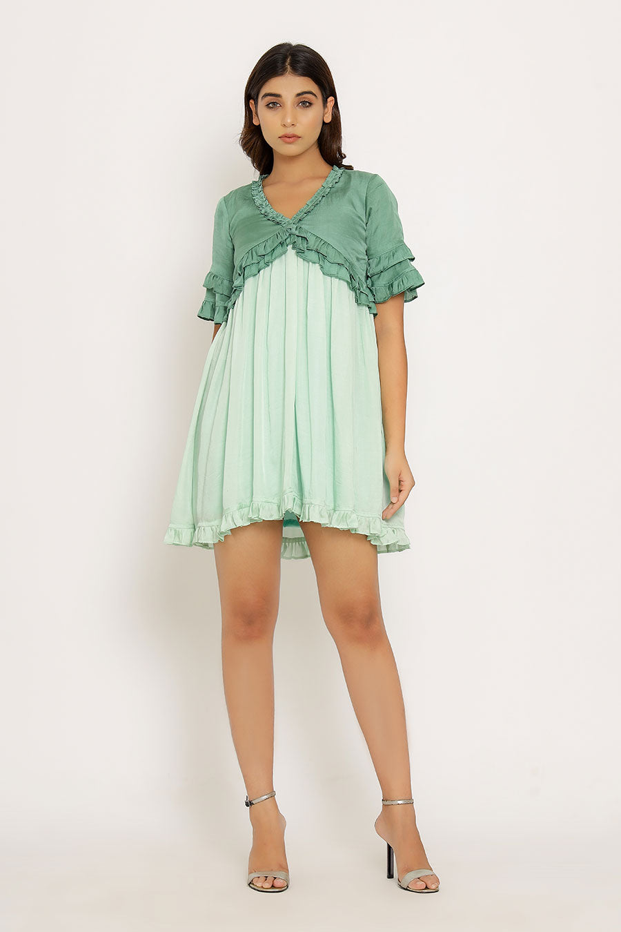 Teal & Tea Green Frilled Mini Dress