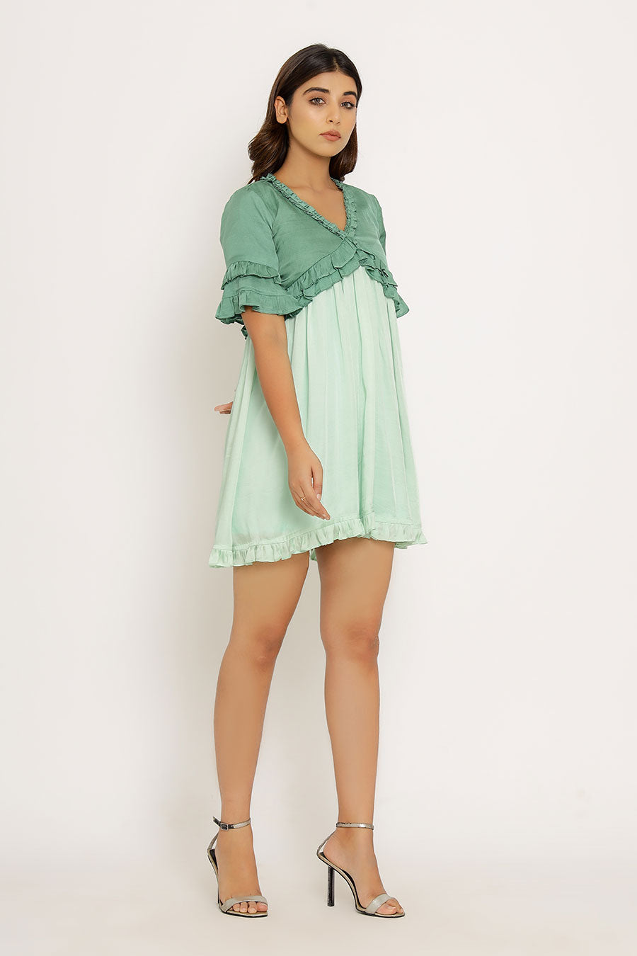 Teal & Tea Green Frilled Mini Dress