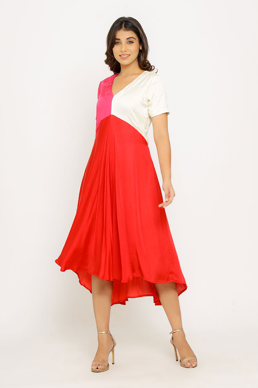 Red-Pink-White Colour Block Dress