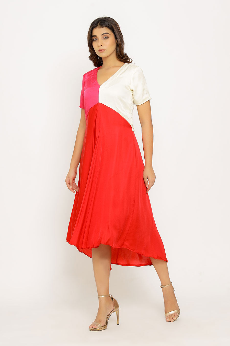 Red-Pink-White Colour Block Dress