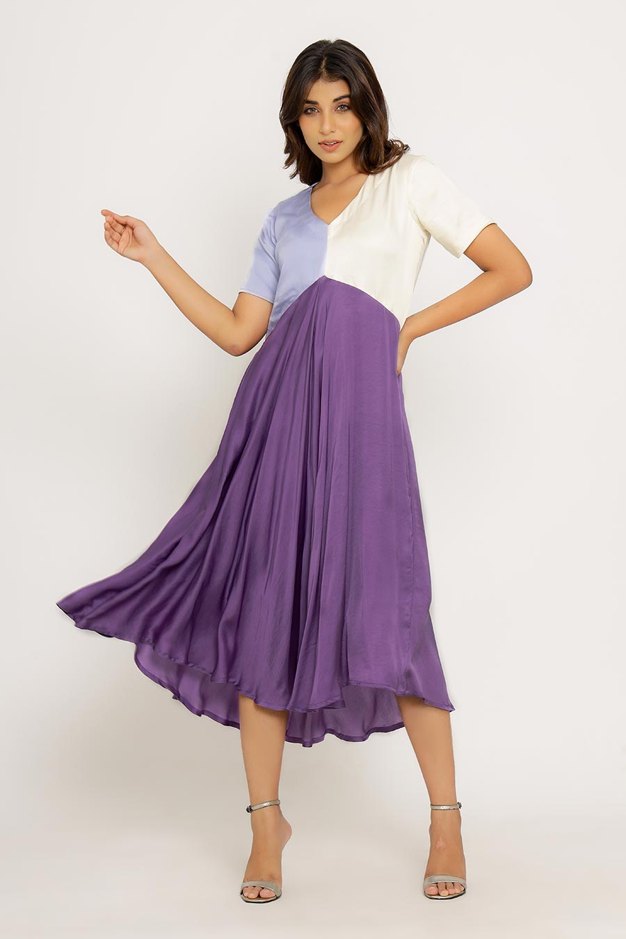 Purple-Lilac-White Colour Block Dress