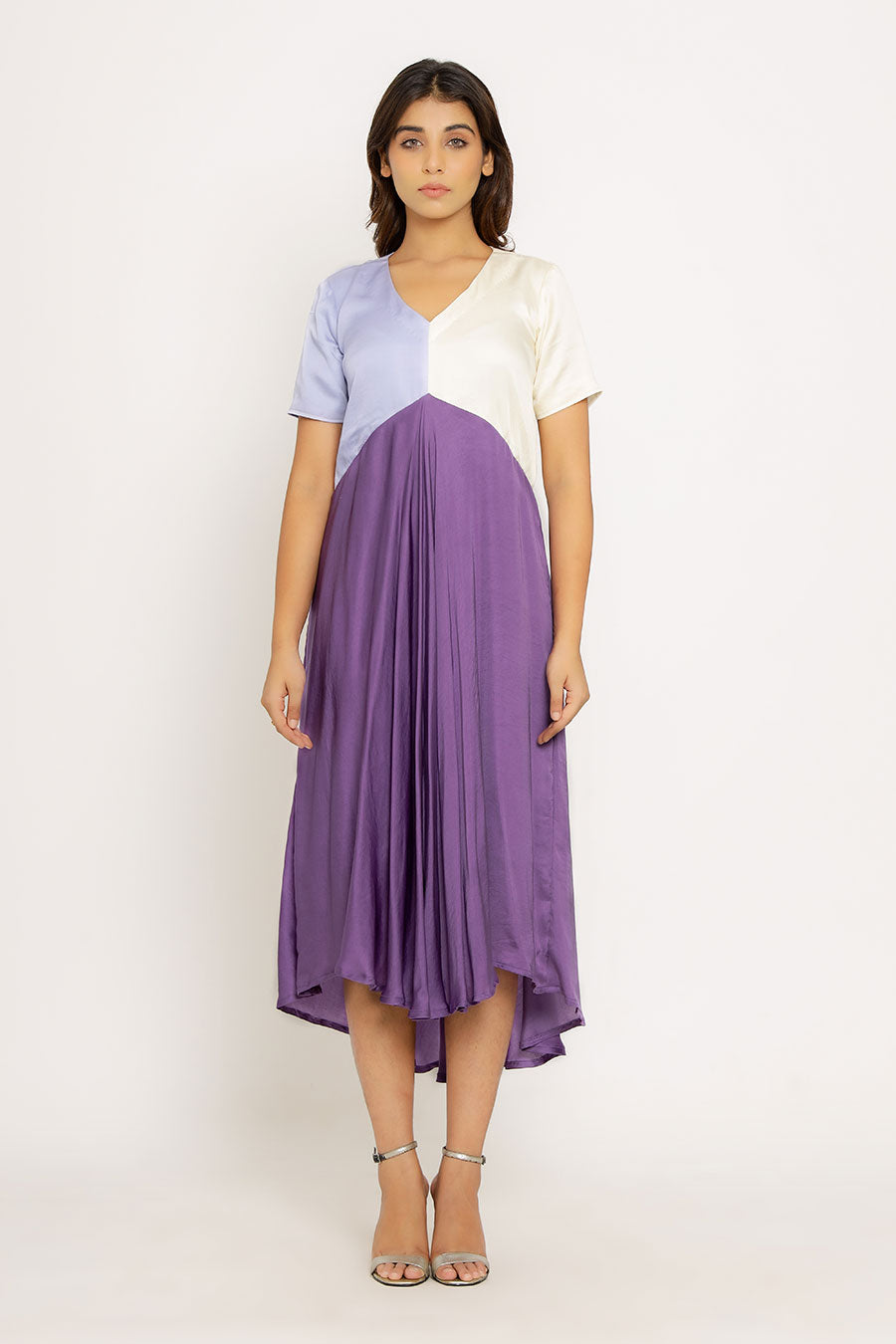 Purple-Lilac-White Colour Block Dress
