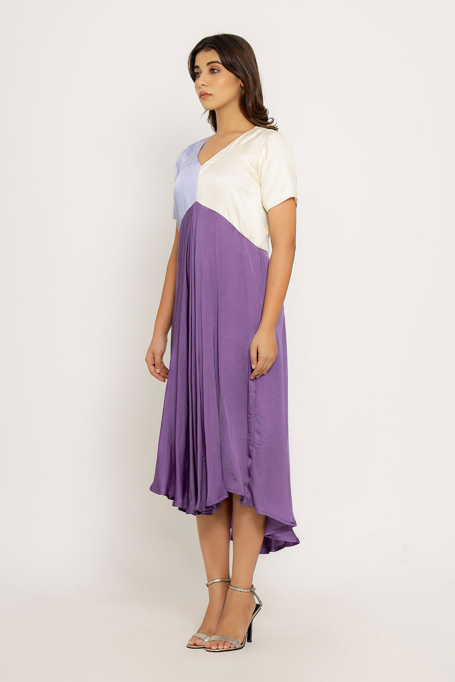Purple-Lilac-White Colour Block Dress