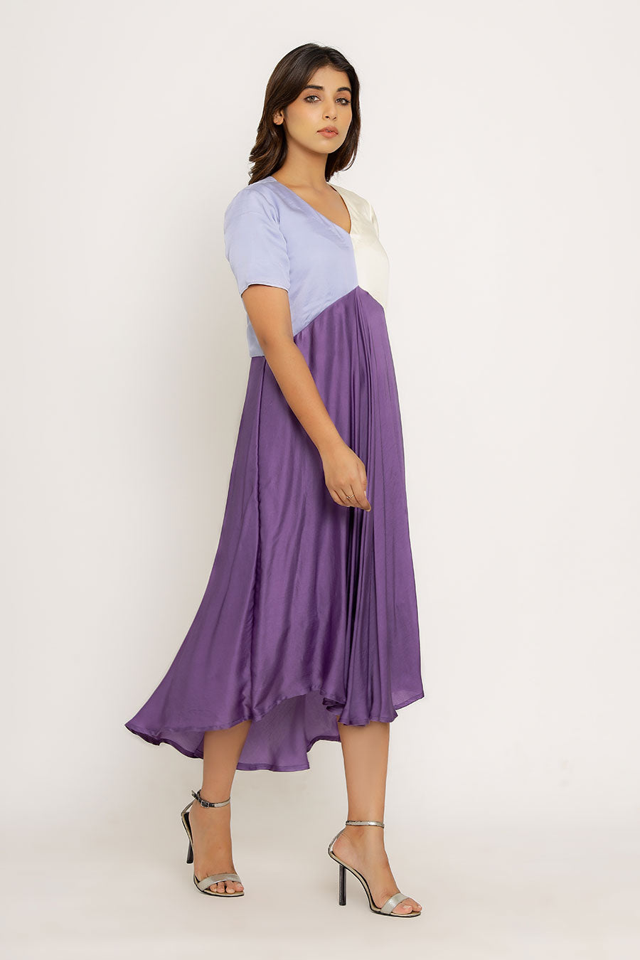 Purple-Lilac-White Colour Block Dress