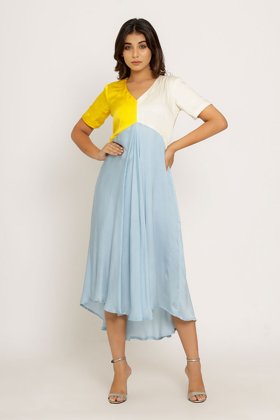 Yellow-Ice-White Colour Block Dress