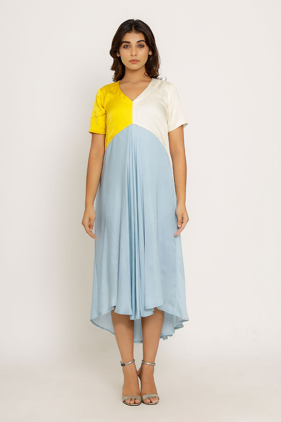 Yellow-Ice-White Colour Block Dress