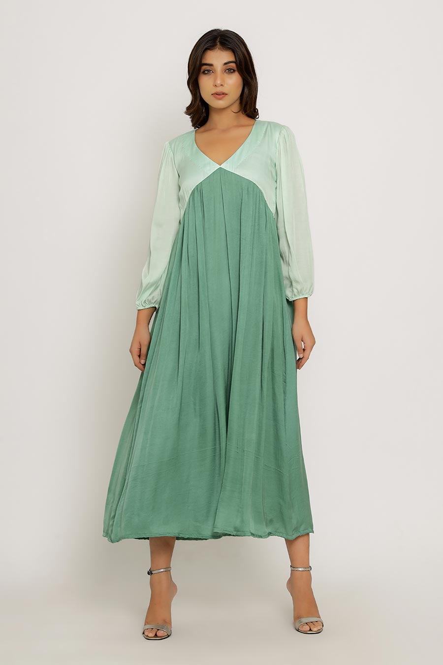 Teal & Tea Green Gathered Maxi Dress