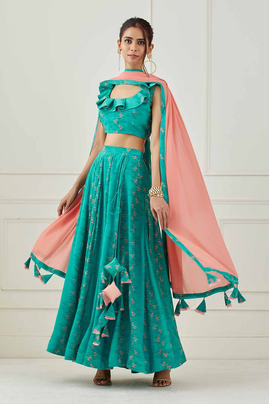 Teal & Coral Printed Lehenga Set