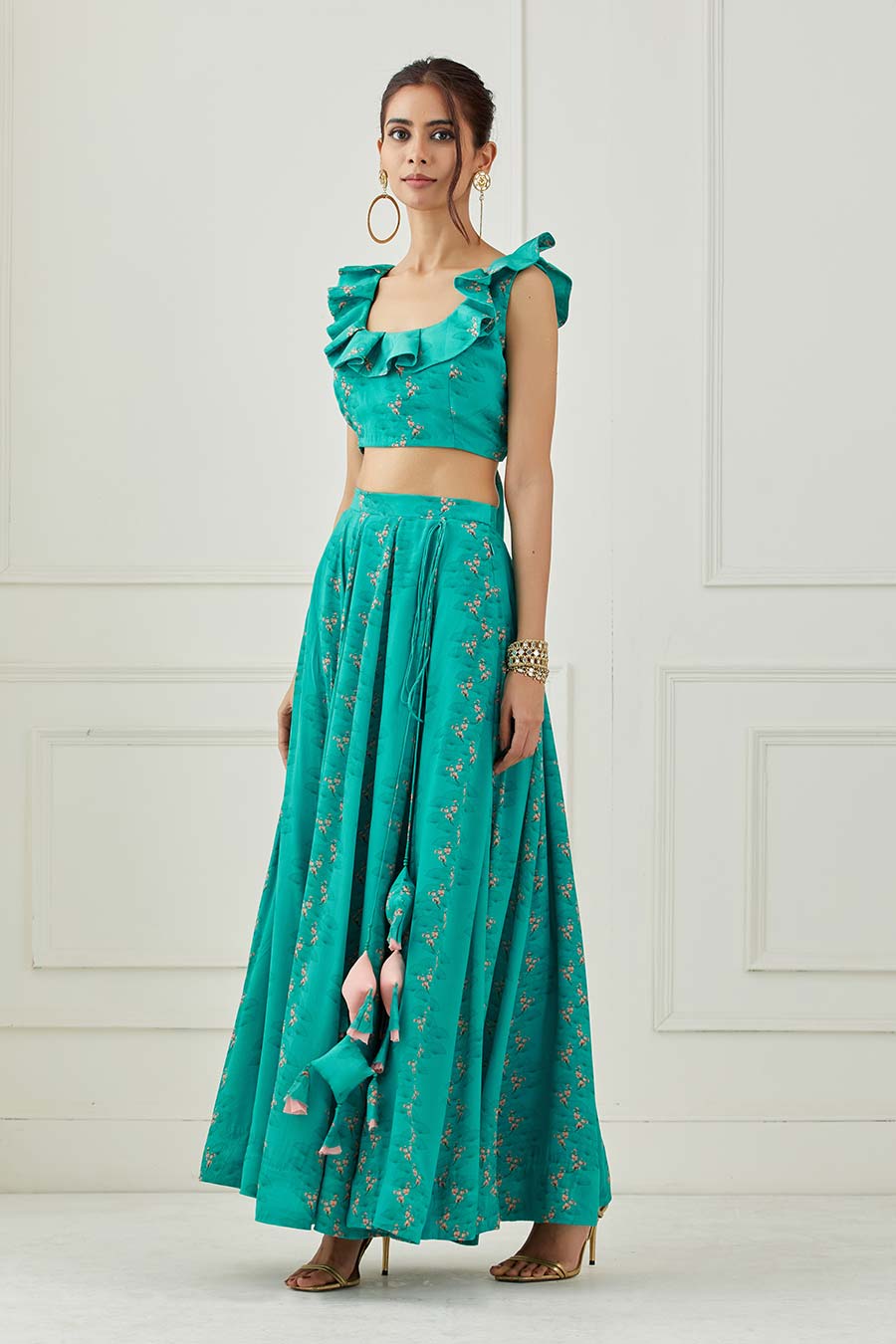 Teal & Coral Printed Lehenga Set