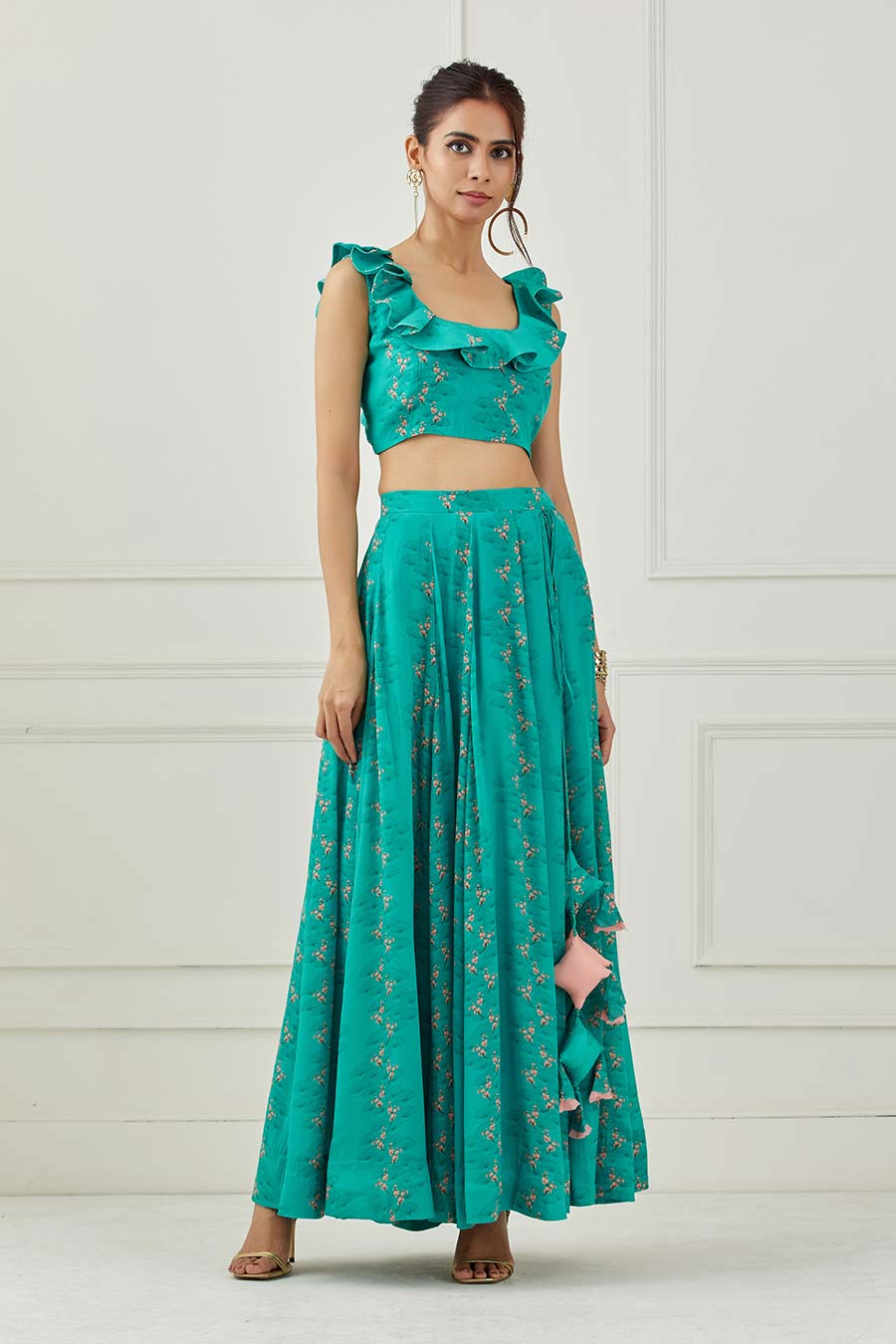 Teal & Coral Printed Lehenga Set