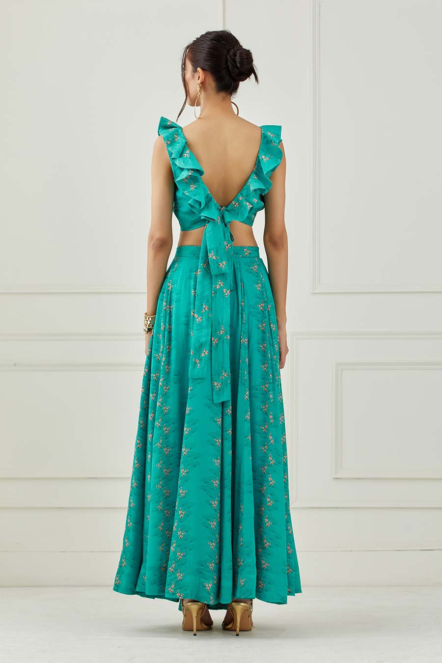 Teal & Coral Printed Lehenga Set