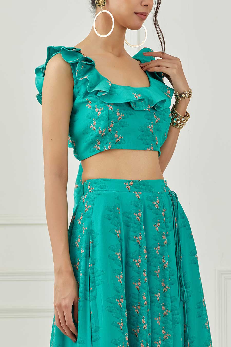 Teal & Coral Printed Lehenga Set