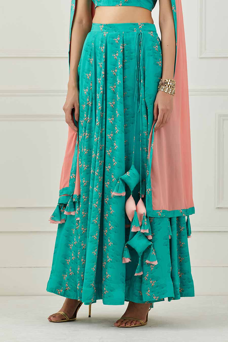Teal & Coral Printed Lehenga Set