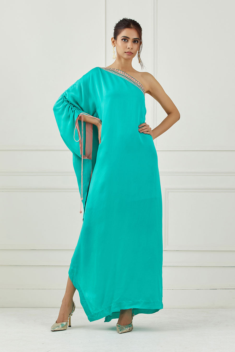 Teal Embroidered One-Shoulder Dress