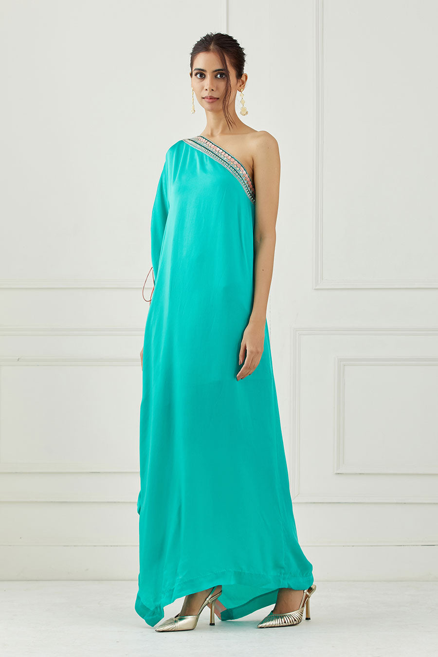 Teal Embroidered One-Shoulder Dress