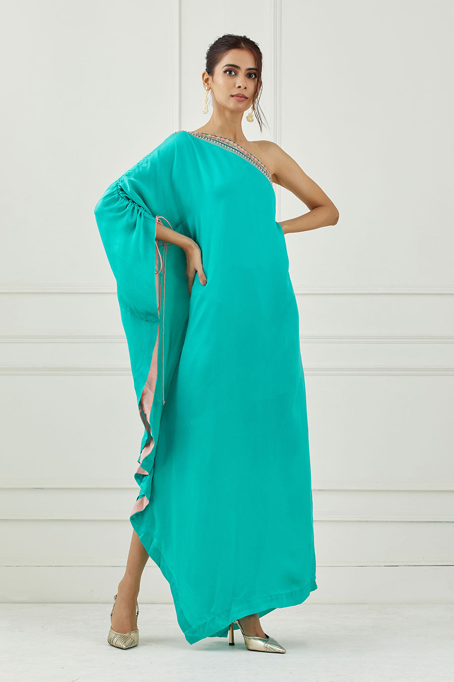 Teal Embroidered One-Shoulder Dress