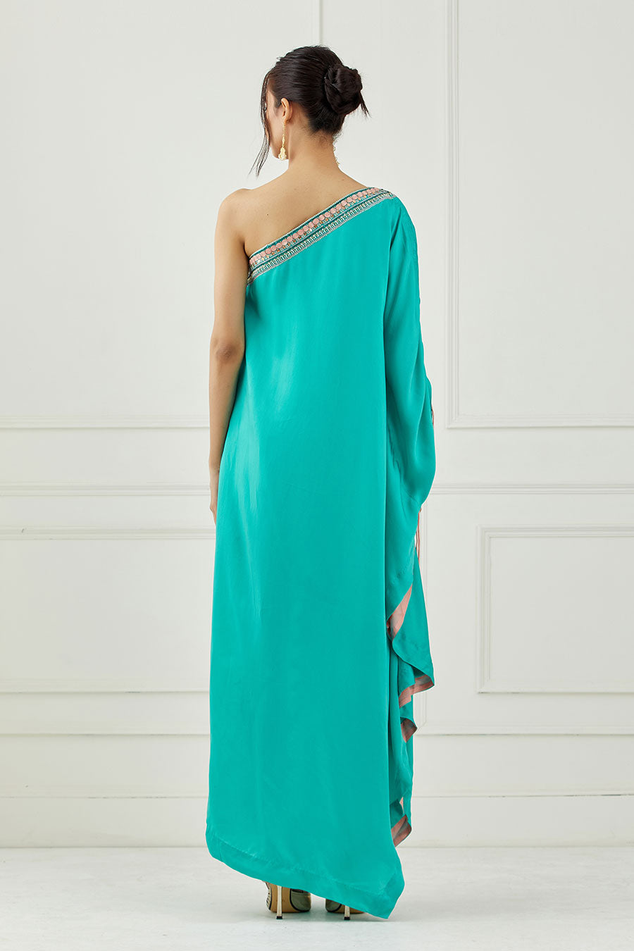 Teal Embroidered One-Shoulder Dress