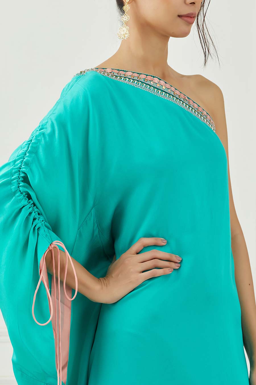 Teal Embroidered One-Shoulder Dress