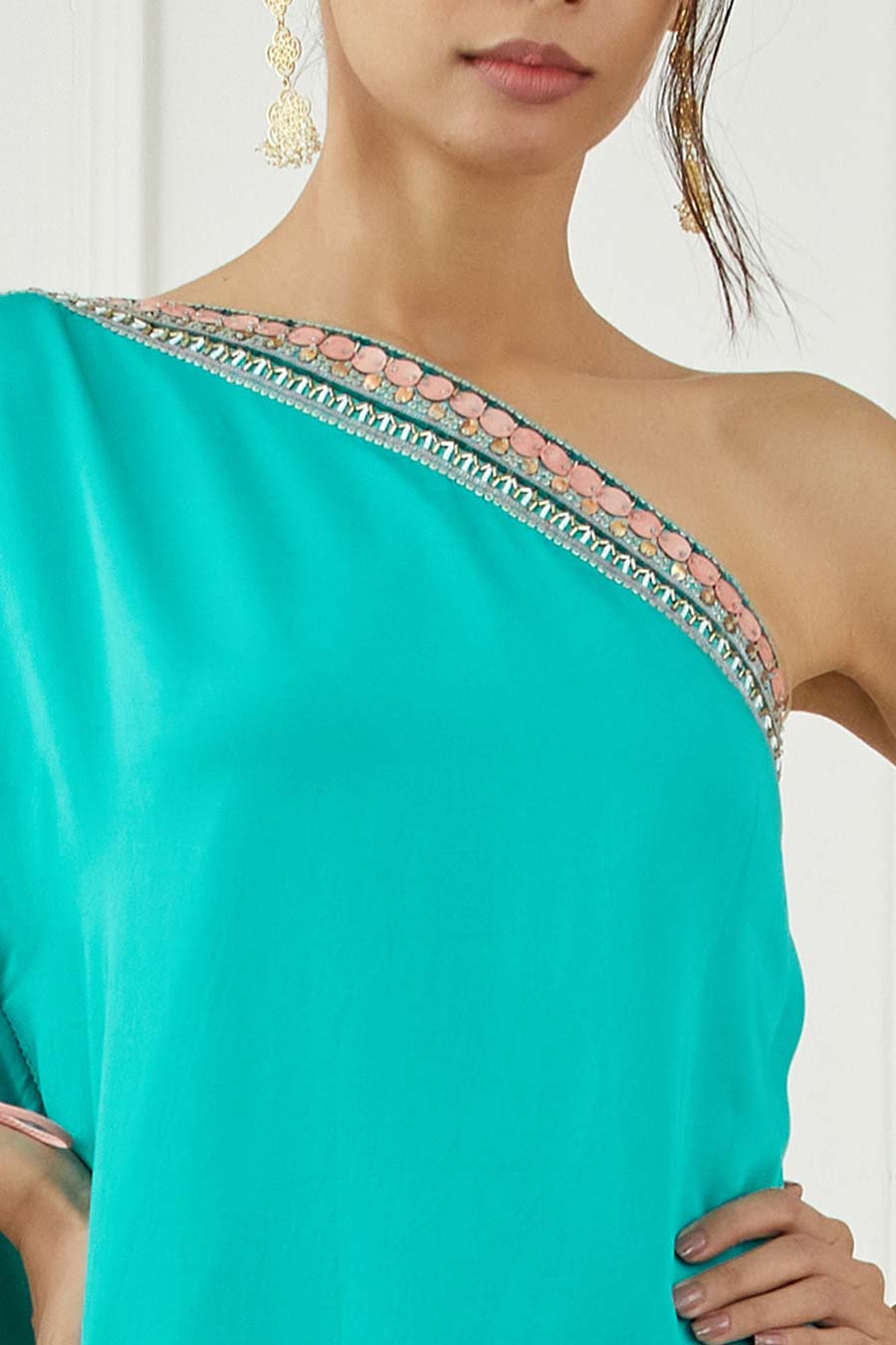 Teal Embroidered One-Shoulder Dress