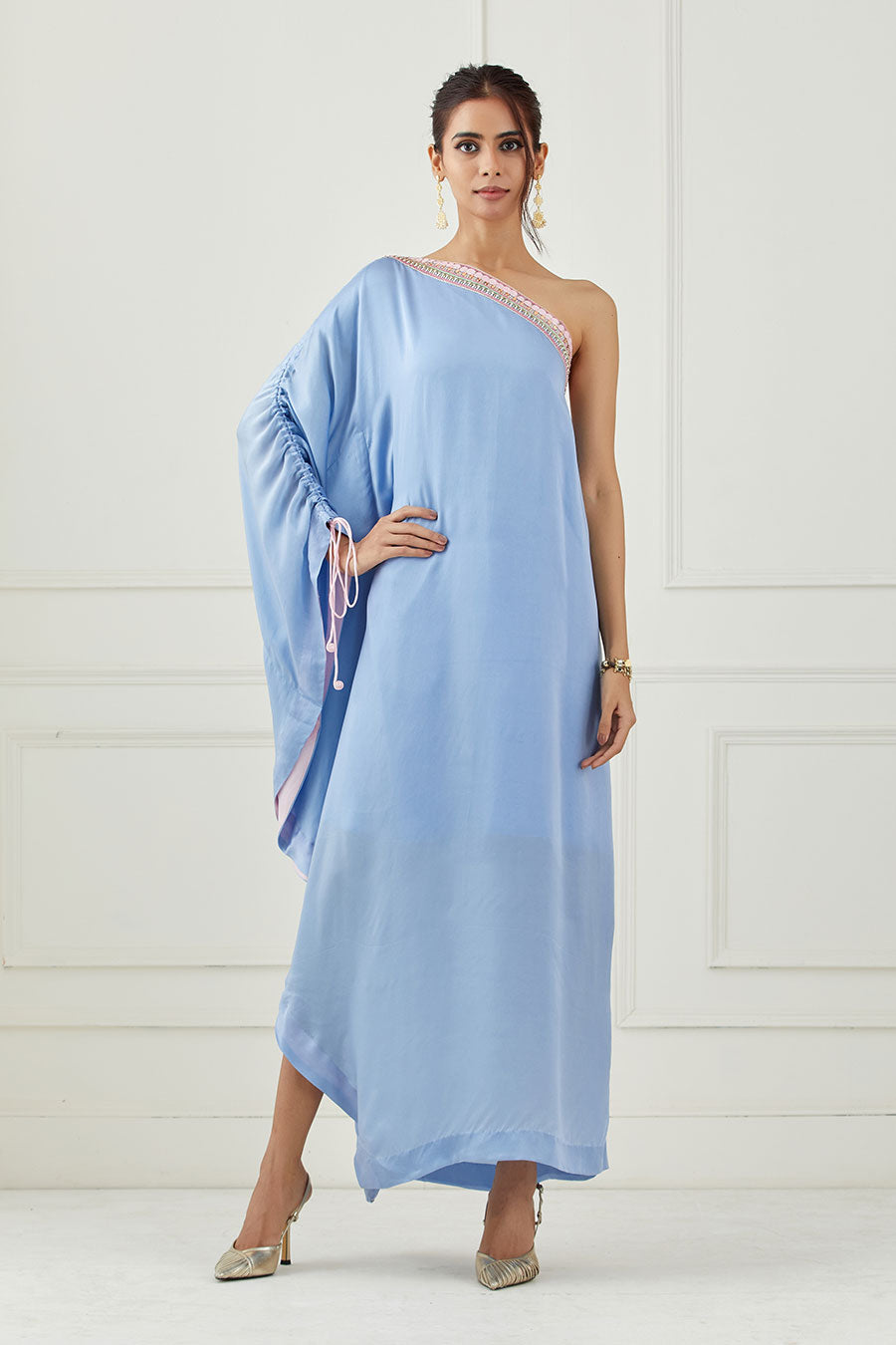 Moon Blue Embroidered One-Shoulder Dress