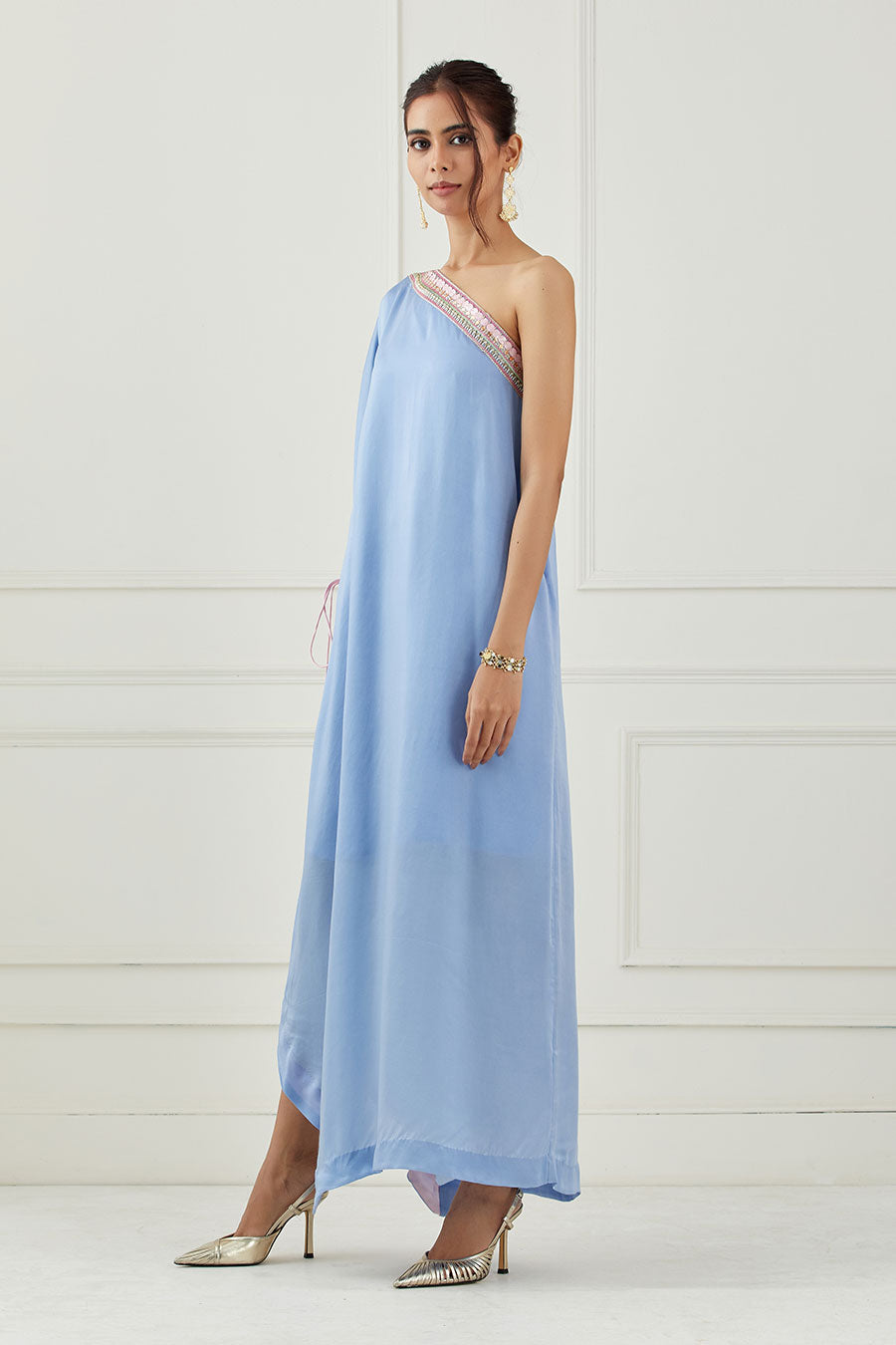 Moon Blue Embroidered One-Shoulder Dress