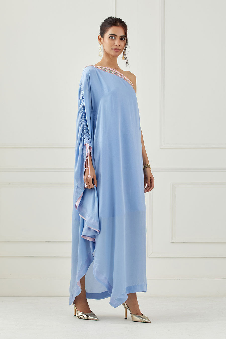 Moon Blue Embroidered One-Shoulder Dress