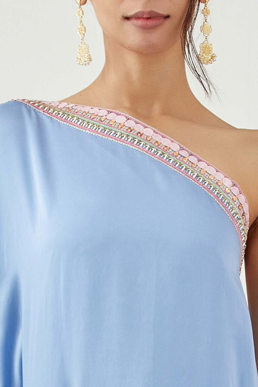Moon Blue Embroidered One-Shoulder Dress