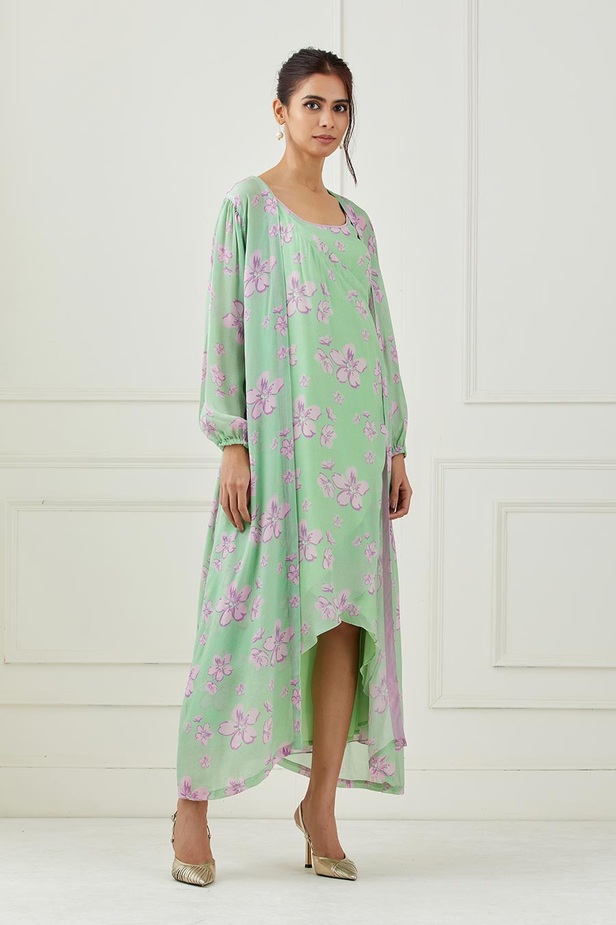 Mint Green Printed Dress & Cape Set