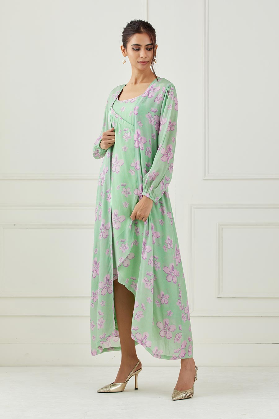 Mint Green Printed Dress & Cape Set