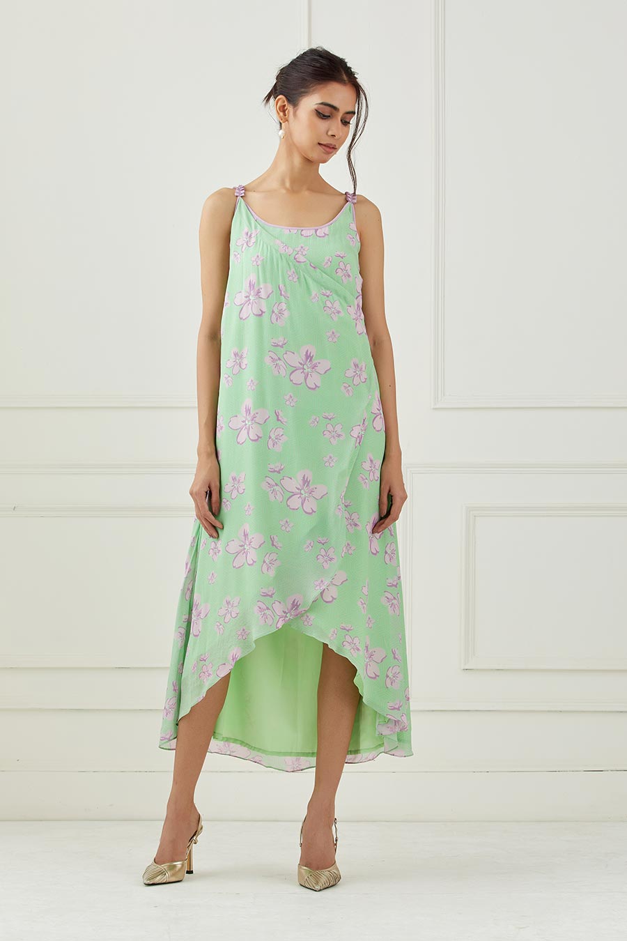 Mint Green Printed Dress & Cape Set