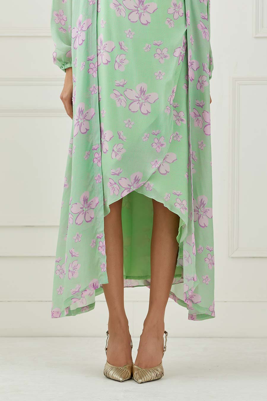 Mint Green Printed Dress & Cape Set