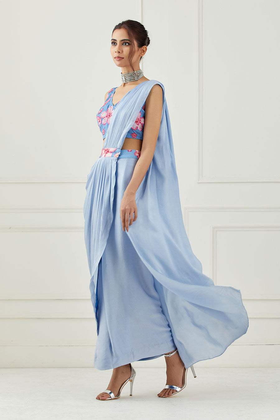 Moon Blue Draped Saree & Blouse Set