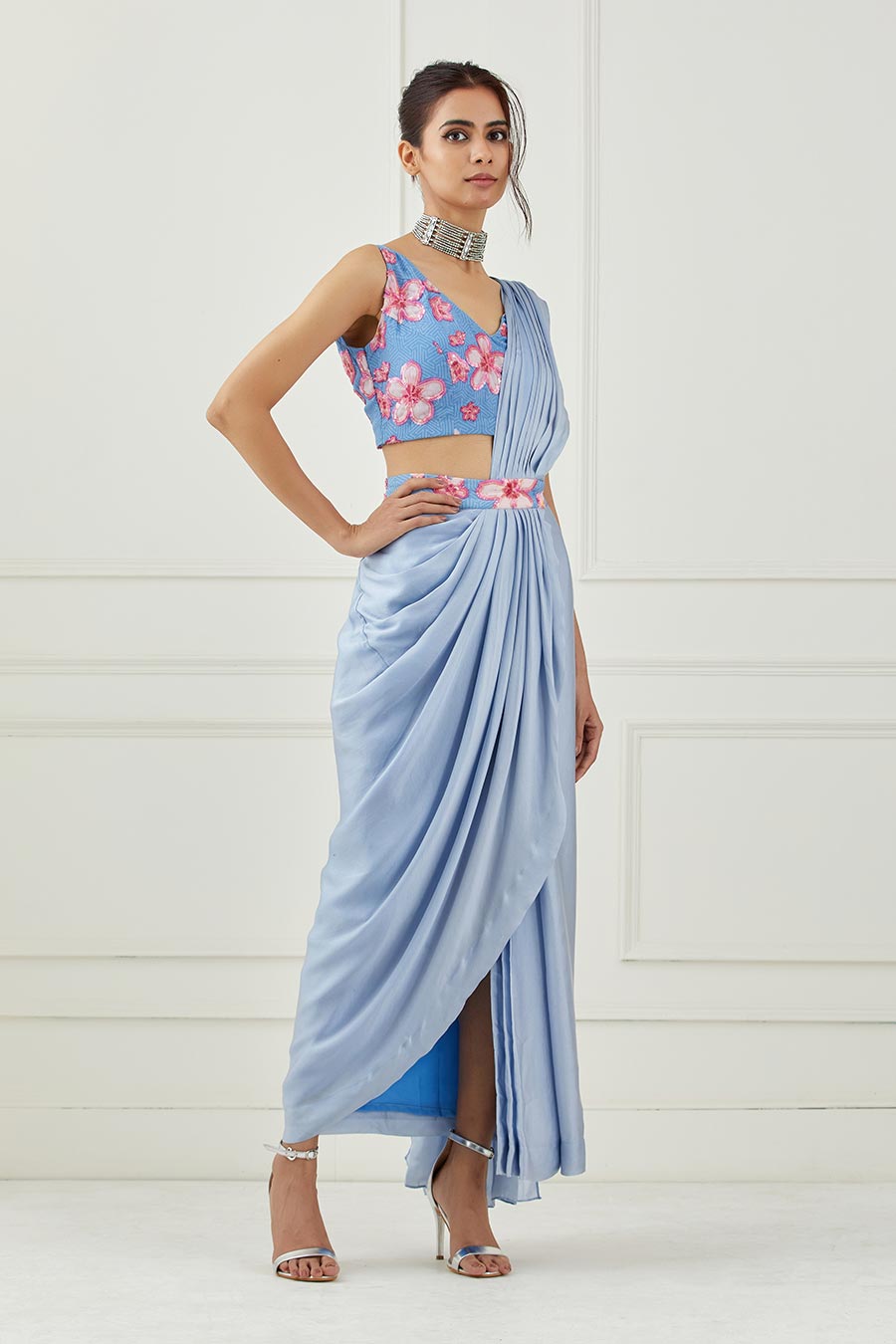 Moon Blue Draped Saree & Blouse Set