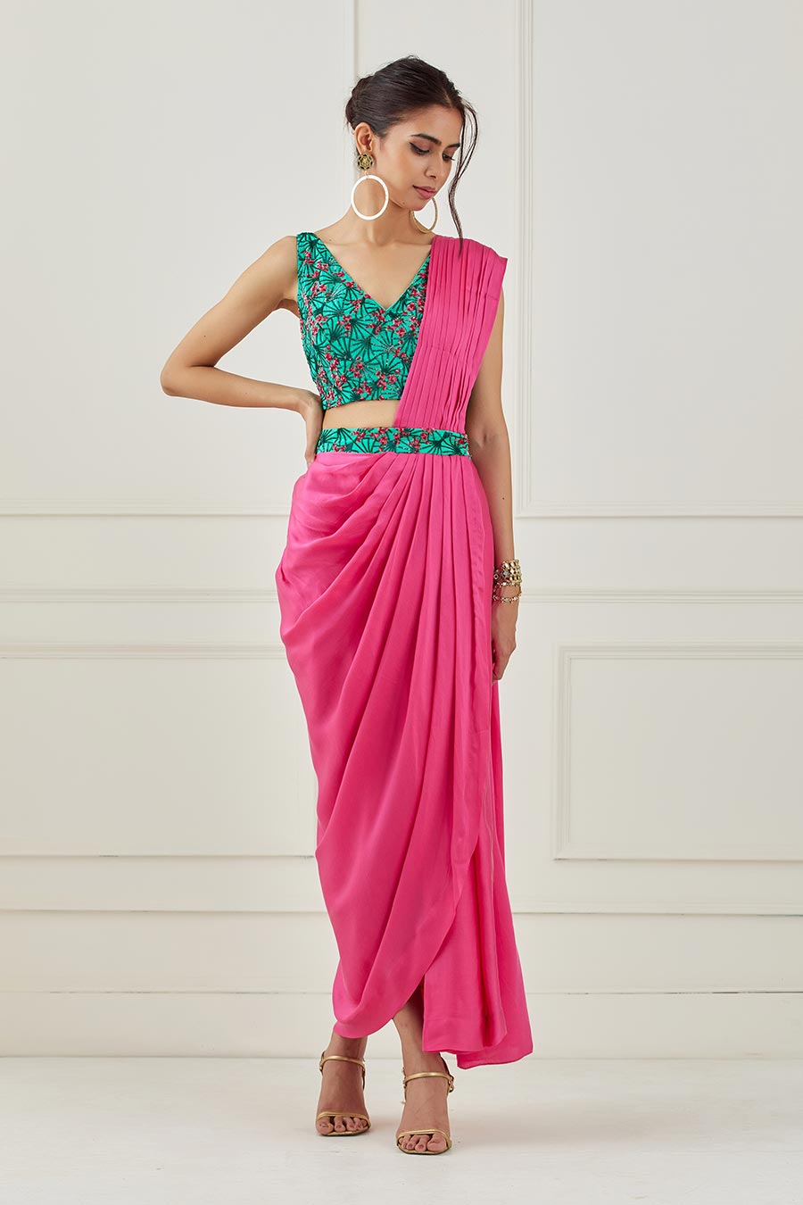 Fuschia Draped Saree & Blouse Set