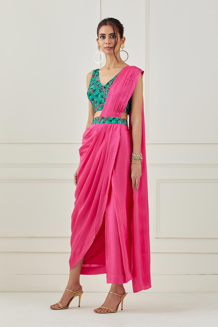 Fuschia Draped Saree & Blouse Set