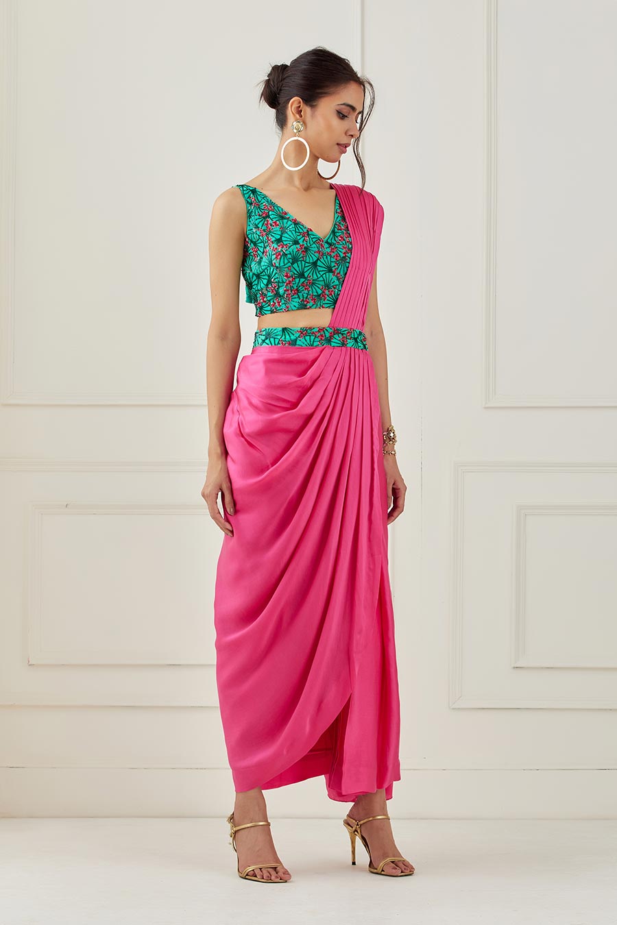 Fuschia Draped Saree & Blouse Set