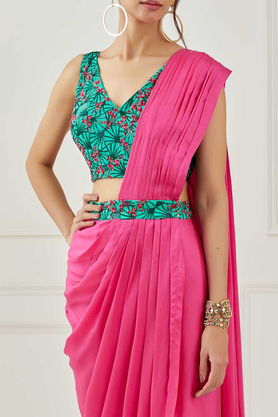 Fuschia Draped Saree & Blouse Set