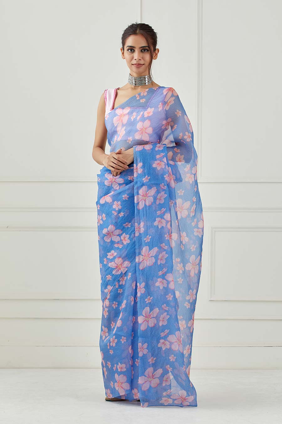 Moon Blue Organza Saree With Unstitched Blouse