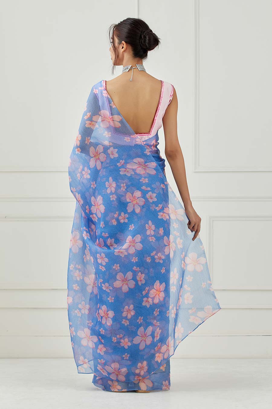 Moon Blue Organza Saree With Unstitched Blouse