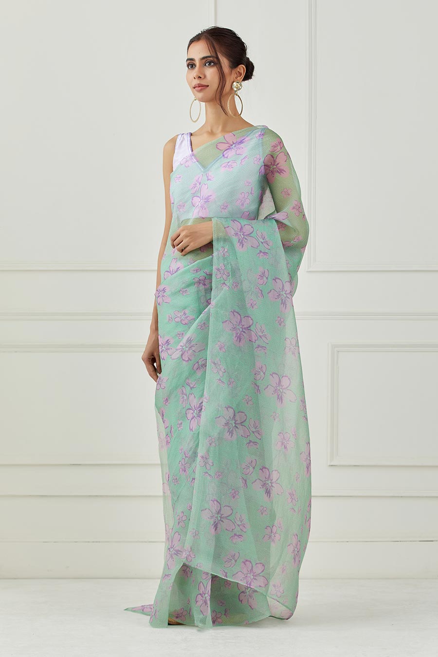 Mint Green Organza Saree With Unstitched Blouse