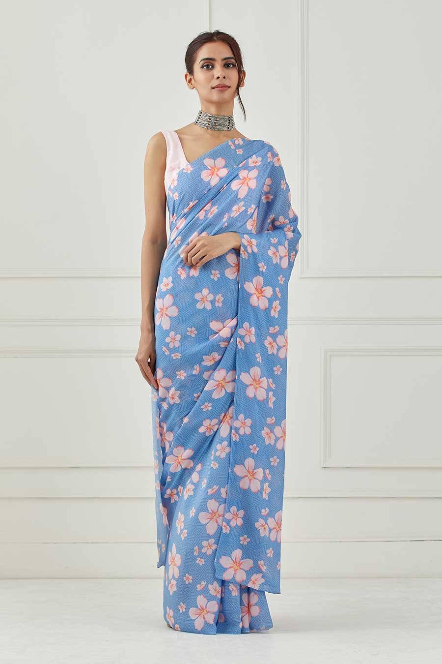 Moon Blue Crepe Saree With Unstitched Blouse
