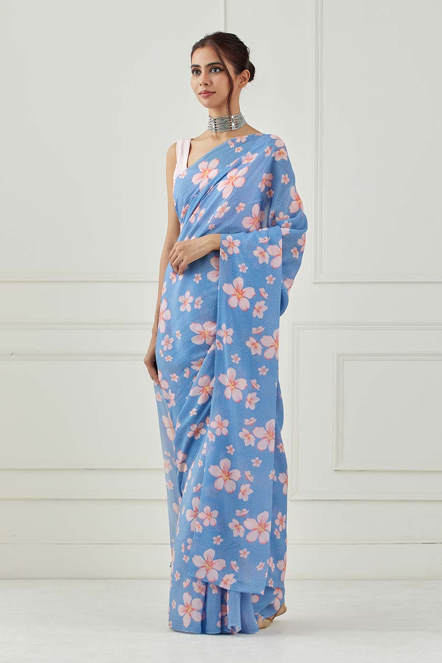 Moon Blue Crepe Saree With Unstitched Blouse