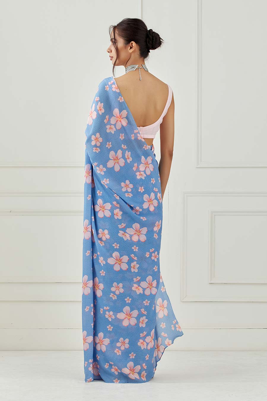 Moon Blue Crepe Saree With Unstitched Blouse