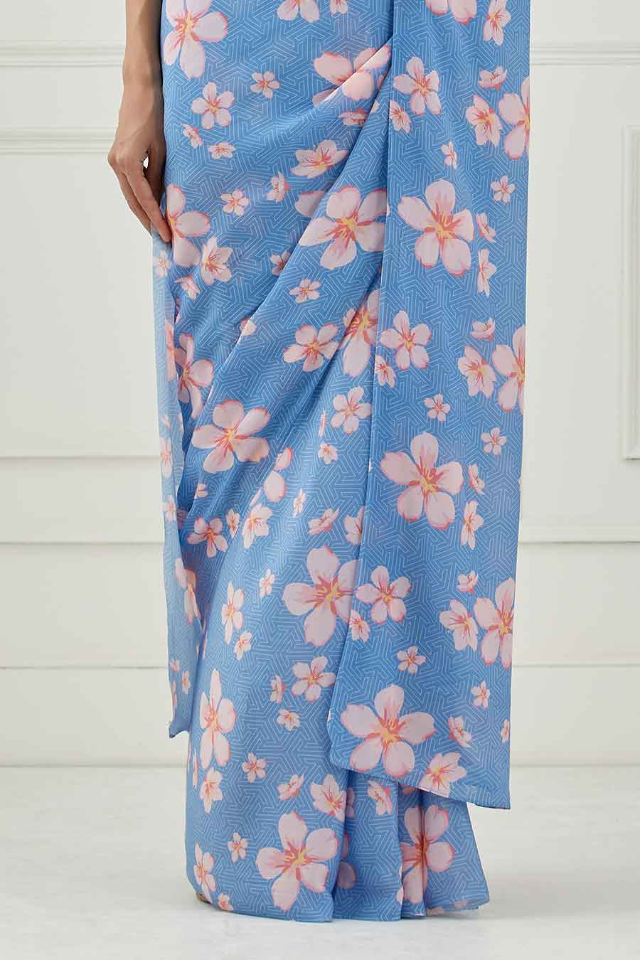 Moon Blue Crepe Saree With Unstitched Blouse