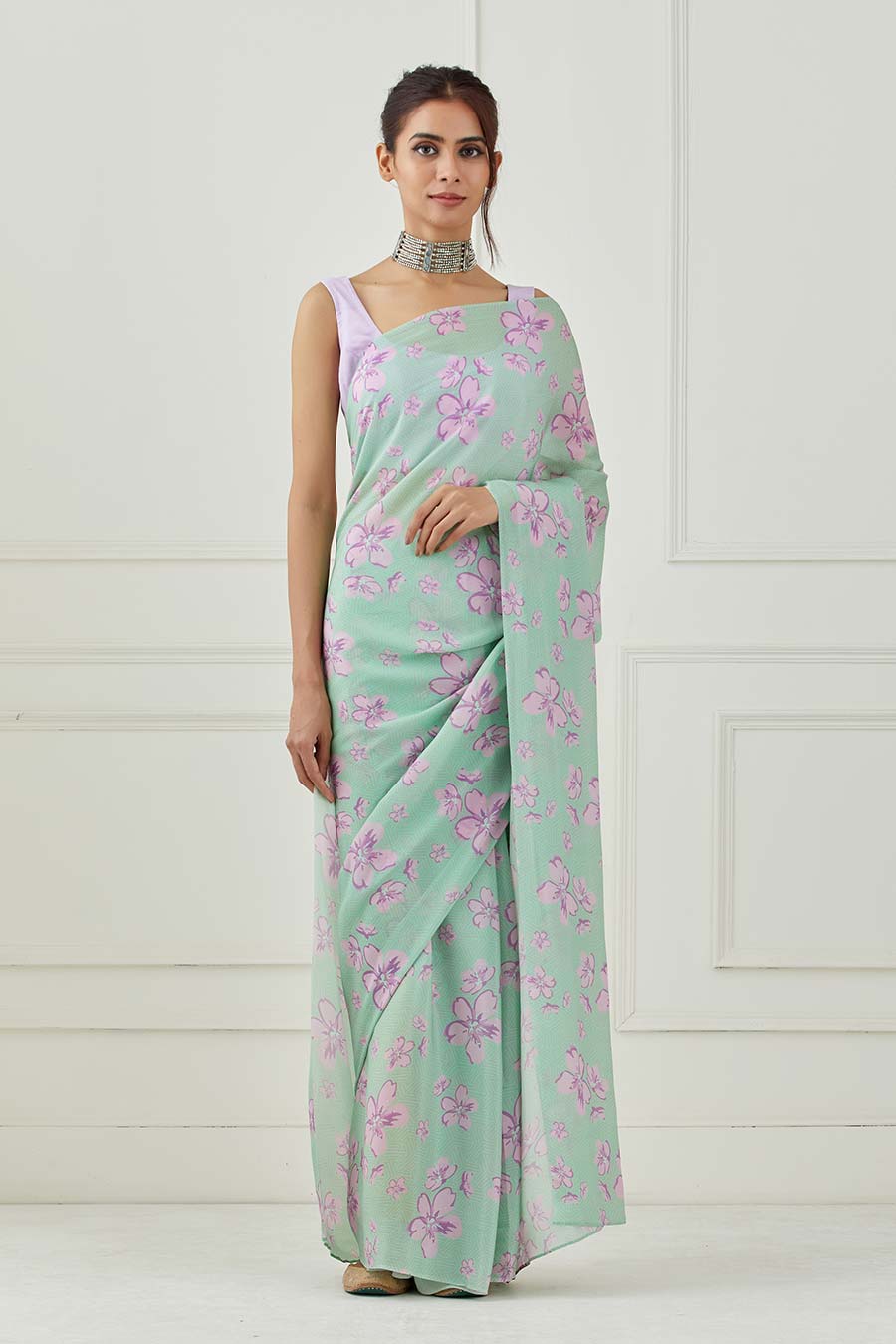 Mint Green Crepe Saree With Unstitched Blouse