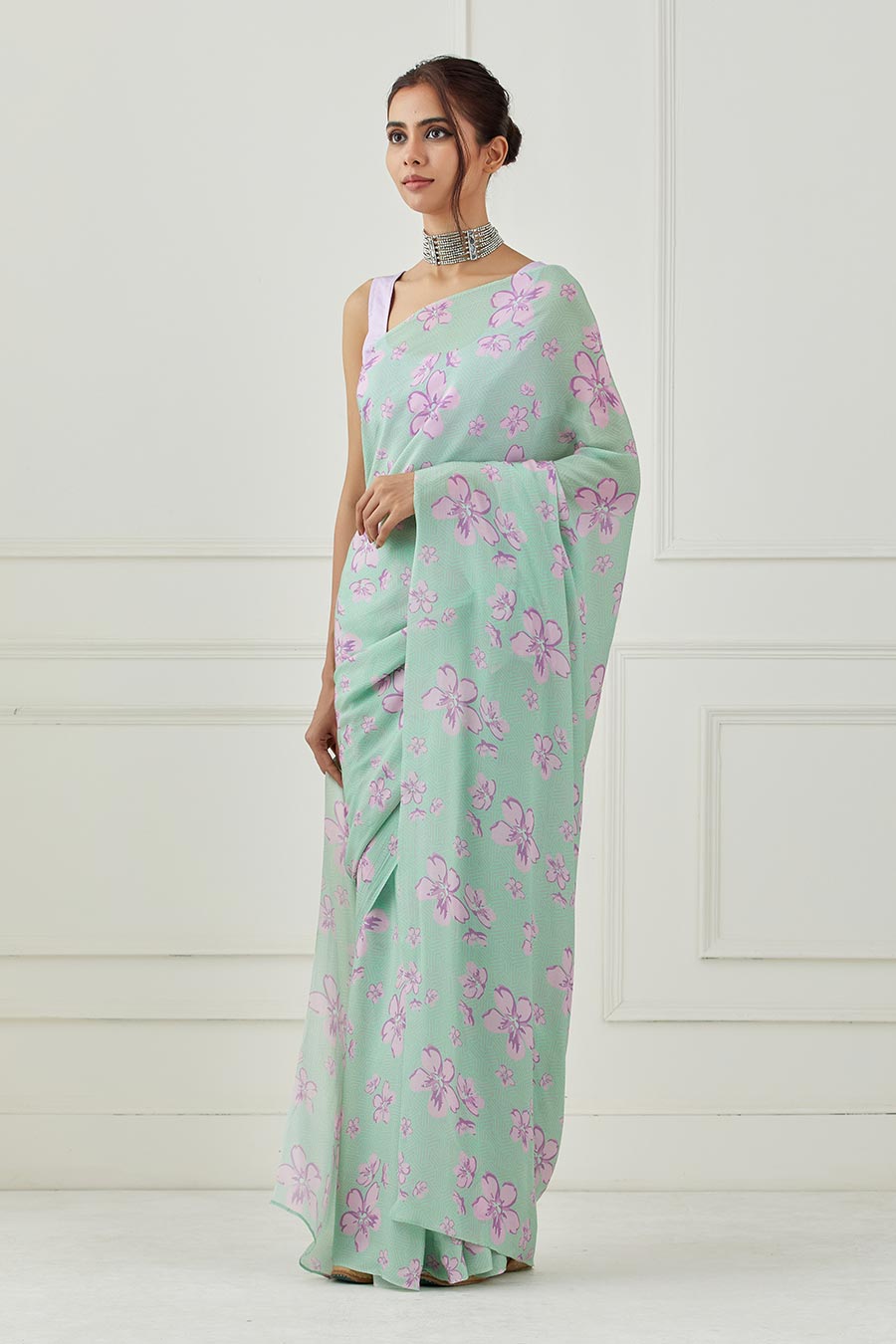 Mint Green Crepe Saree With Unstitched Blouse