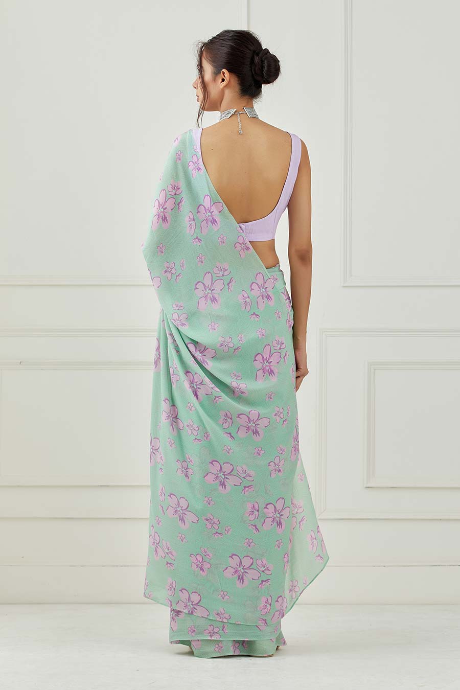 Mint Green Crepe Saree With Unstitched Blouse