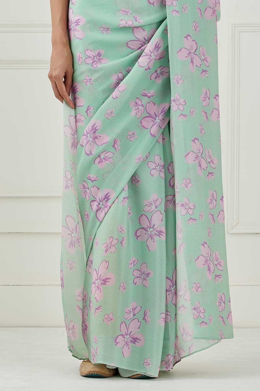 Mint Green Crepe Saree With Unstitched Blouse
