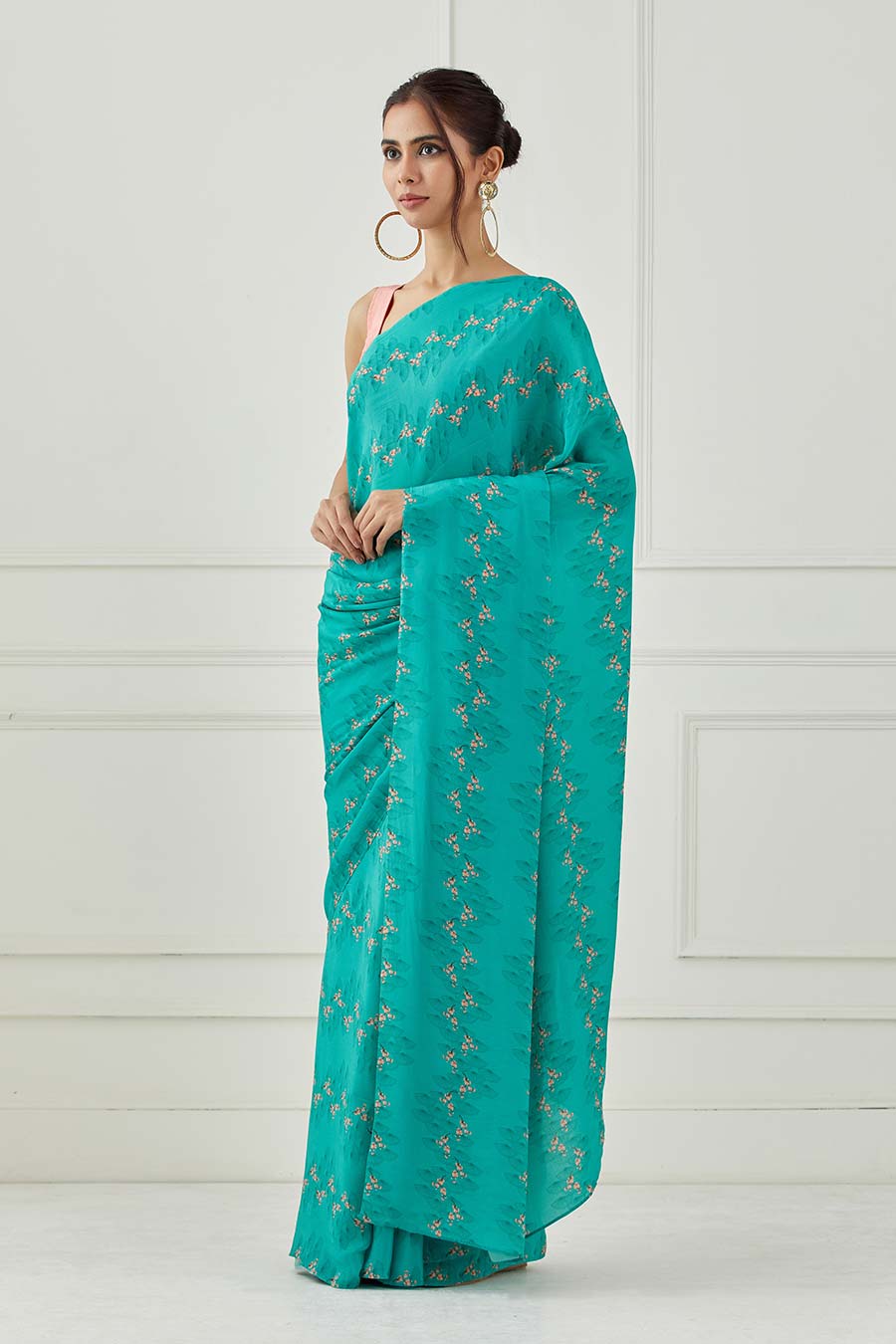 Teal Crepe Saree With Unstitched Blouse