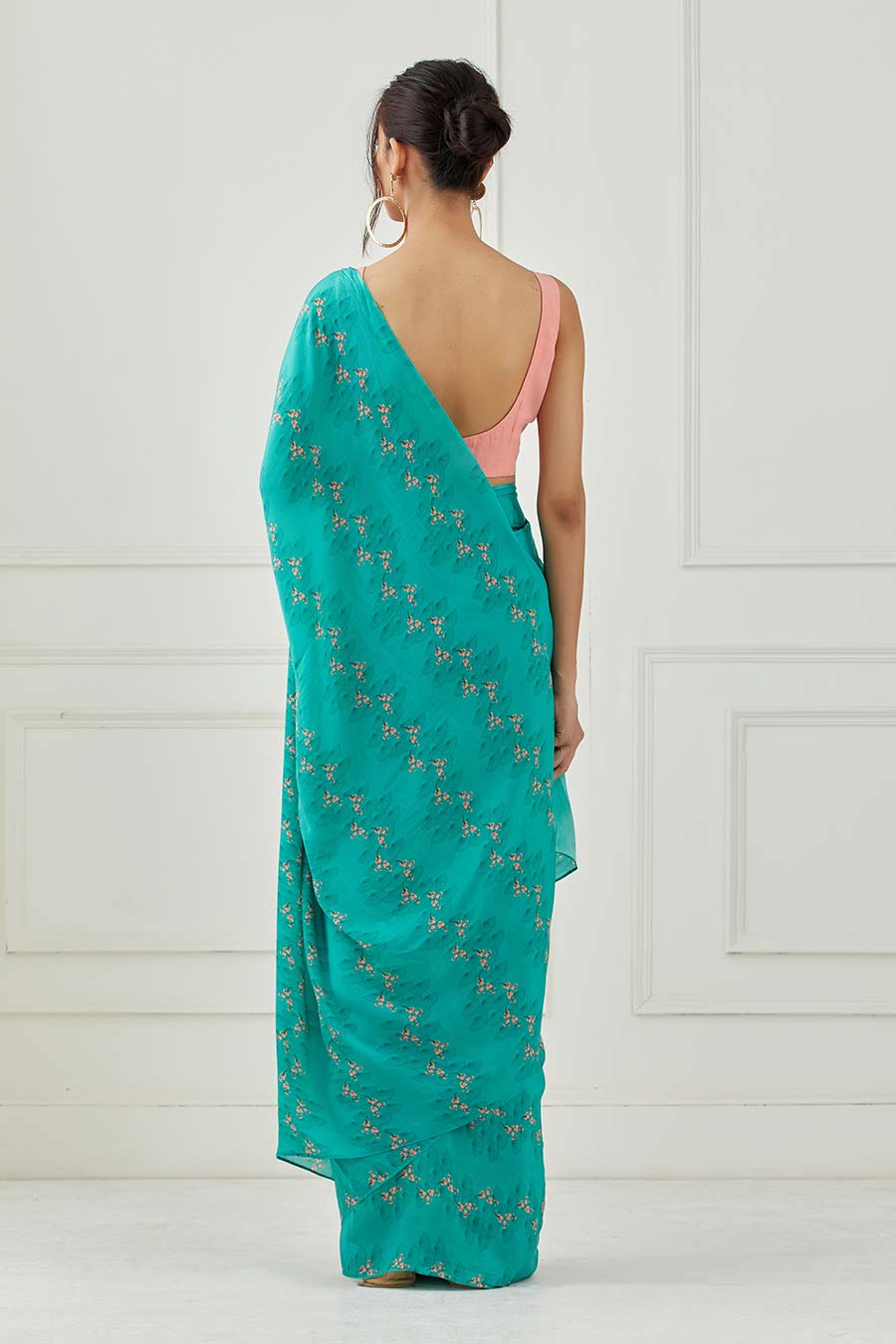 Teal Crepe Saree With Unstitched Blouse